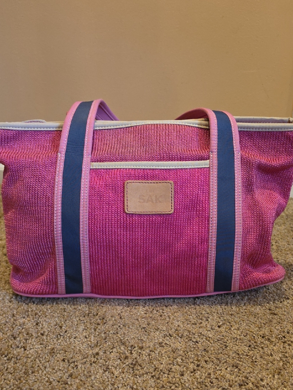 The Sak Pink Woven Shoulder Tote with Navy Straps